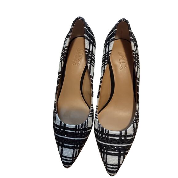 INC Black White Plaid Beaded Heel Pump with Black Velvet ZITAH56F Size 6M - Picture 3 of 9